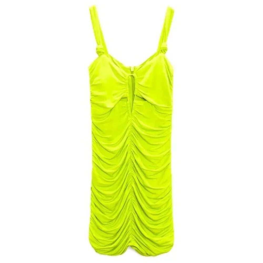 New Zara ruched keyhole bodycon dress in lime neon yellow green size S - Picture 2 of 7